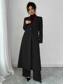 Elenzga 1pc Women Long Lapel Straight Shoulder Long Pants Suit Set, Deep Gray Fall Cloth For Women - Black - View 5