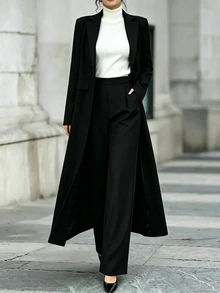 Elenzga 1pc Women Long Lapel Straight Shoulder Long Pants Suit Set, Deep Gray Fall Cloth For Women - Black - View 1