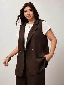Enliva Plus Size Lapel Collar Double Button Vest Blazer Workwear Graduation,Back To School,Teacher Outfits For Women In Fall/Winter - Brown - View 7