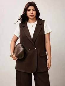 Enliva Plus Size Lapel Collar Double Button Vest Blazer Workwear Graduation,Back To School,Teacher Outfits For Women In Fall/Winter - Brown - View 8
