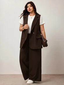 Enliva Plus Size Lapel Collar Double Button Vest Blazer Workwear Graduation,Back To School,Teacher Outfits For Women In Fall/Winter - Brown - View 3
