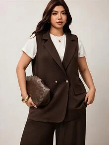 Enliva Plus Size Lapel Collar Double Button Vest Blazer Workwear Graduation,Back To School,Teacher Outfits For Women In Fall/Winter - Brown - View 6