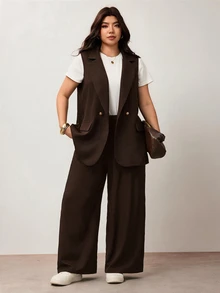 Enliva Plus Size Lapel Collar Double Button Vest Blazer Workwear Graduation,Back To School,Teacher Outfits For Women In Fall/Winter - Brown - View 5