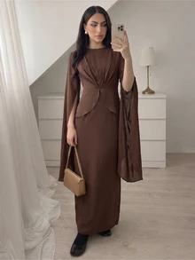 SHEIN Elenzya Lightweight Comfortable Coffee Brown Mid-Length Elegant Modest Dress For Women, Suitable For Fall/ Day Time Festive Brunch - Brown - View 3