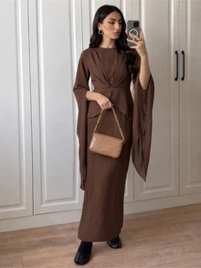 SHEIN Elenzya Lightweight Comfortable Coffee Brown Mid-Length Elegant Modest Dress For Women, Suitable For Fall/ Day Time Festive Brunch - Brown - View 1