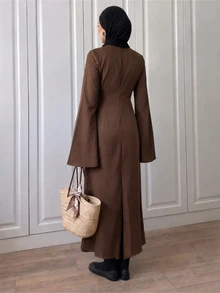 SHEIN Elenzya Lightweight Comfortable Coffee Brown Mid-Length Elegant Modest Dress For Women, Suitable For Fall/ Day Time Festive Brunch - Brown - View 2
