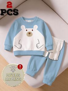 2pcs Baby Boys Sweatshirt Set Cute Blue White Colorblock Big Bear Print Long Sleeve Loose Round Neck Fall Back To School Sweaters,1 Random Set - Multicolor - View 6