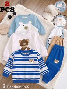 2pcs Baby Boys Sweatshirt Set Cute Blue White Colorblock Big Bear Print Long Sleeve Loose Round Neck Fall Back To School Sweaters,1 Random Set - Multicolor - View 2