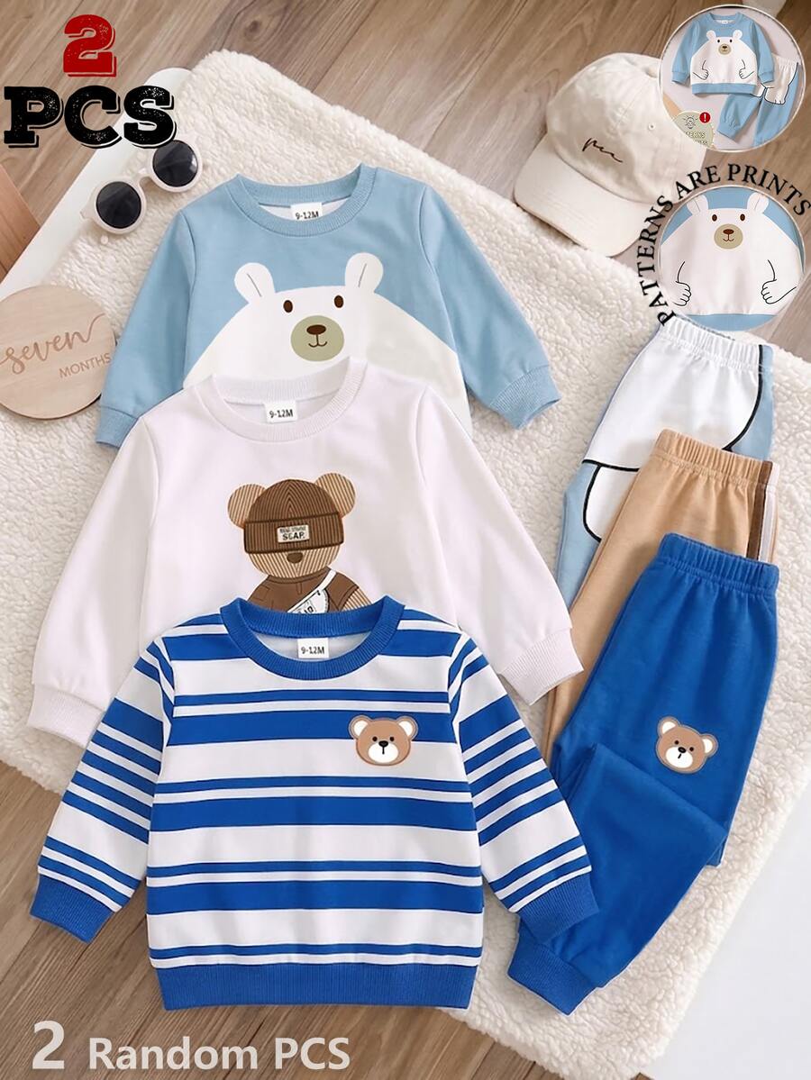 2pcs Baby Boys Sweatshirt Set Cute Blue White Colorblock Big Bear Print Long Sleeve Loose Round Neck Fall Back To School Sweaters,1 Random Set