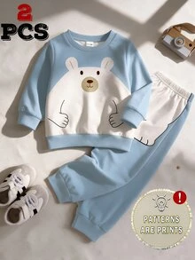 2pcs Baby Boys Sweatshirt Set Cute Blue White Colorblock Big Bear Print Long Sleeve Loose Round Neck Fall Back To School Sweaters,1 Random Set - Multicolor - View 5