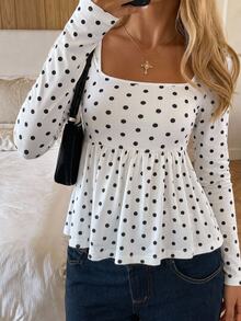 CovetEZ Women's French Style Gentle Polka Dot Print Pleated T-Shirt - Black and White - View 3