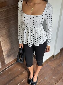 CovetEZ Women's French Style Gentle Polka Dot Print Pleated T-Shirt - Black and White - View 7