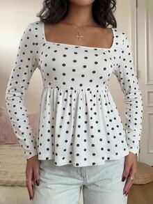 CovetEZ Women's French Style Gentle Polka Dot Print Pleated T-Shirt - Black and White - View 5