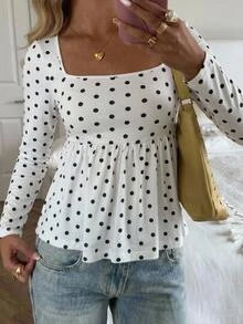CovetEZ Women's French Style Gentle Polka Dot Print Pleated T-Shirt - Black and White - View 1