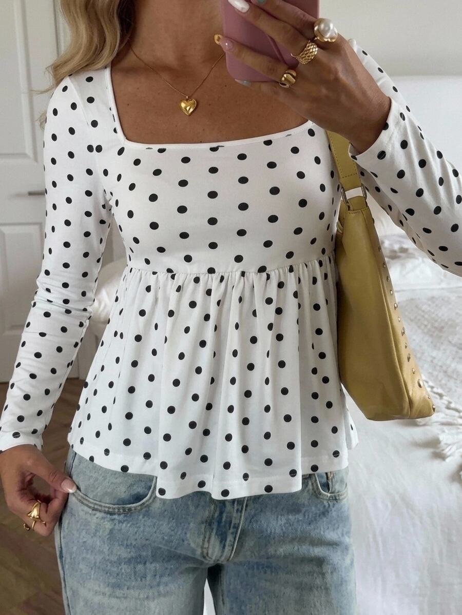 CovetEZ Women's French Style Gentle Polka Dot Print Pleated T-Shirt - Black and White - View 1