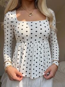 CovetEZ Women's French Style Gentle Polka Dot Print Pleated T-Shirt - Black and White - View 4