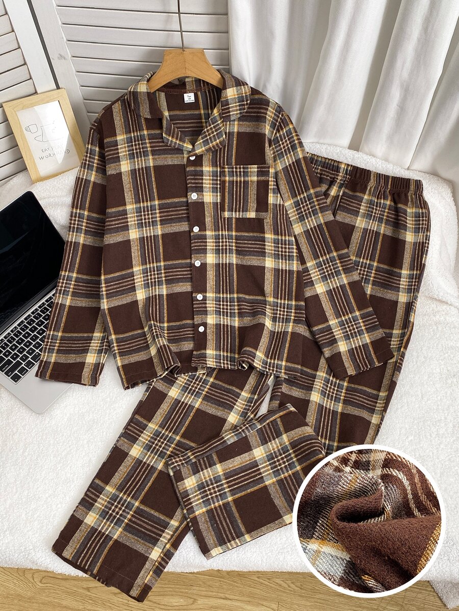 SHEIN 秋冬青少年男童2件套,時尚復古咖啡色格紋梭織面料休閒極簡寬鬆翻領開襟針織外套長袖與長褲居家服 - 咖啡棕 - 查看 1