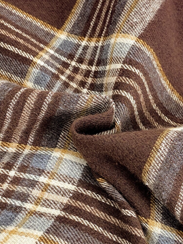 SHEIN Autumn/Winter Teen Boys 2 Pieces Set, Fashion Retro Coffee Plaid Woven Fabric Casual Minimalist Loose Fit Lapel Cardigan Long Sleeve & Long Pants Loungewear - Coffee Brown - View 5