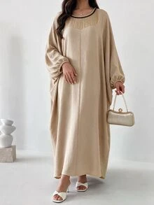 Yasmyna 女款休閒日常梭織純色圓領金屬流蘇寬鬆阿拉伯蝙蝠袖超長洋裝 春秋款 - 卡其色 - 查看 5