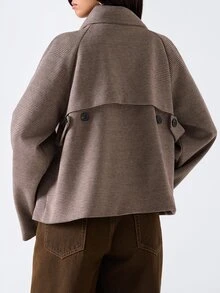 LYSMO Women's Houndstooth Raglan Long Sleeve Casual Minimalist Elegant Overcoat Office Taupe Fall Outfit - Coffee Brown - View 2