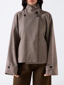 LYSMO Women's Houndstooth Raglan Long Sleeve Casual Minimalist Elegant Overcoat Office Taupe Fall Outfit - Coffee Brown - View 6