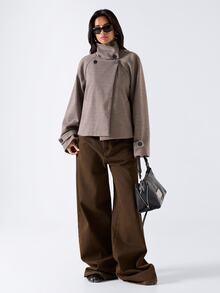 LYSMO Women's Houndstooth Raglan Long Sleeve Casual Minimalist Elegant Overcoat Office Taupe Fall Outfit - Coffee Brown - View 3