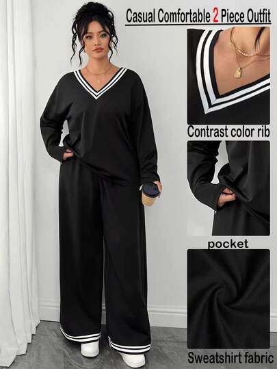 Elenzga Women's Plus Size Black 2-Piece Set, Contrast Trim, Casual Versatile Elegant Sophisticated Professional Office Holiday Home Date Wear, Autumn/Winter