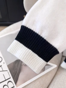 GlowEve CURVE Kardigan Rajut Ukuran Besar Gaya Korea Desain Bisnis Kasual Elegan Fashion dengan Detail Hollow-Out Warna Kontras Lengan Panjang untuk Kantor Hitam dan Putih Musim Gugur - Hitam dan Putih - View 3