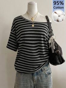 Attitoon 女款 95% 棉黑色/灰色條紋露肩 T恤 - Y2K 街頭風、夏季/居家、軟妹風、龐克 - 白色 - 查看 1