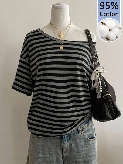 Attitoon Kaos Wanita 95% Katun Garis-garis Hitam/Abu-abu Model Bahu Terbuka - Streetwear Y2K, Musim Panas/Rumah, Gaya Soft Girl, Punk