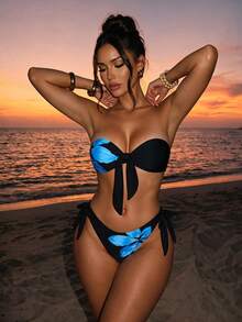 Swim SXY 女款夏季海灘新款性感豹紋與花卉拼接印花後綁帶抹胸比基尼上衣及側綁帶比基尼褲 2 件式泳衣套裝 - 黑色 - 查看 1
