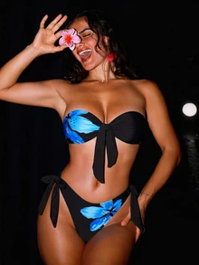 Swim SXY 女款夏季海灘新款性感豹紋與花卉拼接印花後綁帶抹胸比基尼上衣及側綁帶比基尼褲 2 件式泳衣套裝 - 黑色 - 查看 6