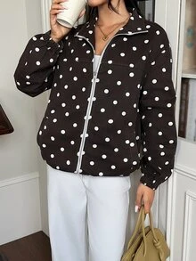 Rivivi Women's Fashion Zipper Polka Dot Print Washed Denim Jacket - Coffee Brown - View 6