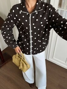 Rivivi Women's Fashion Zipper Polka Dot Print Washed Denim Jacket - Coffee Brown - View 9