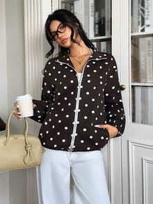 Rivivi Women's Fashion Zipper Polka Dot Print Washed Denim Jacket - Coffee Brown - View 7