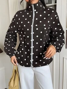 Rivivi Women's Fashion Zipper Polka Dot Print Washed Denim Jacket - Coffee Brown - View 5