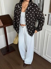 Rivivi Women's Fashion Zipper Polka Dot Print Washed Denim Jacket - Coffee Brown - View 3