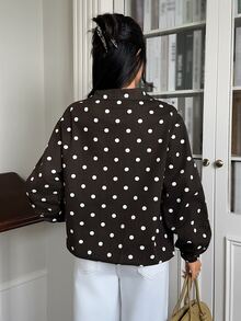 Rivivi Women's Fashion Zipper Polka Dot Print Washed Denim Jacket - Coffee Brown - View 2