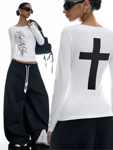LYSMO Women's Letter Print Fashion Street Long Sleeve T-Shirt - White - View 4