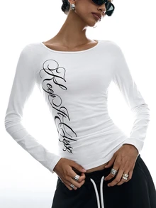 LYSMO Women's Letter Print Fashion Street Long Sleeve T-Shirt - White - View 3