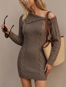 Sprig & Strand Designer Asymmetric Button Collar Cable Knit Sweater Dress - Khaki - View 3
