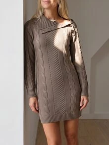 Sprig & Strand Designer Asymmetric Button Collar Cable Knit Sweater Dress - Khaki - View 5