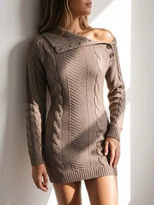 Sprig & Strand Designer Asymmetric Button Collar Cable Knit Sweater Dress - Khaki - View 6