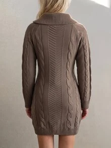 Sprig & Strand Designer Asymmetric Button Collar Cable Knit Sweater Dress - Khaki - View 2