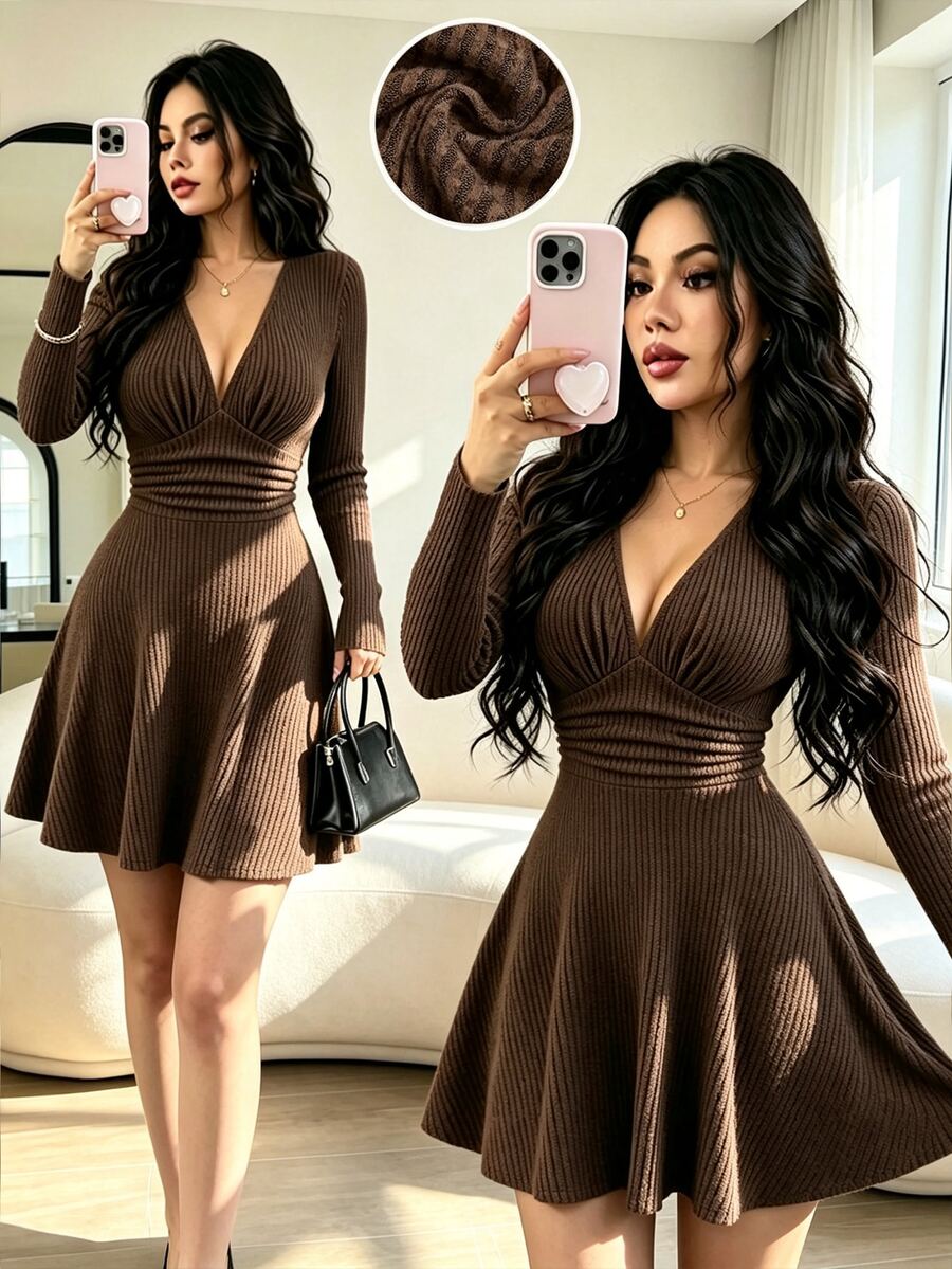Selianne Gaun Rajut Bergaris dengan Leher V Dalam, Cocok untuk Makan Malam, Kencan, Jalan-jalan, Warna Cokelat Tua, Seksi untuk Musim Gugur - Coklat - View 1