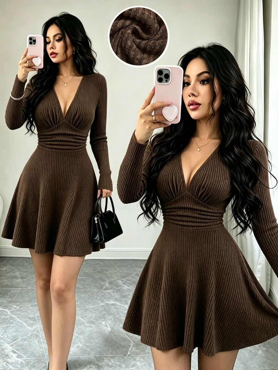 Selianne Solid Plunging Neck Ribbed Knit Dress Dinner Night Out Date Night Going Out Dark Brown Autumn Sexy - Brown - View 1