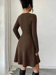 Selianne Solid Plunging Neck Ribbed Knit Dress Dinner Night Out Date Night Going Out Dark Brown Autumn Sexy - Brown - View 2