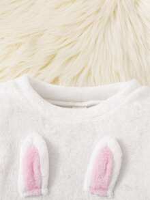 女嬰刺繡可愛兔子圖案米色極簡風日系時尚長褲長袖休閒毛絨居家服家庭套裝秋季 - 白色 - 查看 5