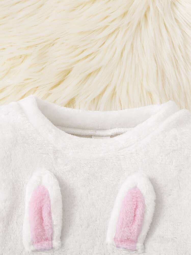 Baby Girl Embroidered Cute Rabbit Pattern Beige Minimalist Kawaii Fashion Long Pants Long Sleeve Casual Plush Loungewear Home Family Matching Autumn - White - View 5