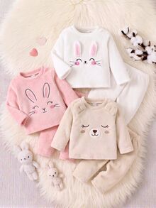 女嬰刺繡可愛兔子圖案米色極簡風日系時尚長褲長袖休閒毛絨居家服家庭套裝秋季 - 白色 - 查看 8